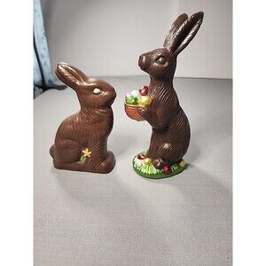 Easter Faux Chocolate Bunny 8"  Figurine Set of 2 Resin Spring Rabbit with Eggs